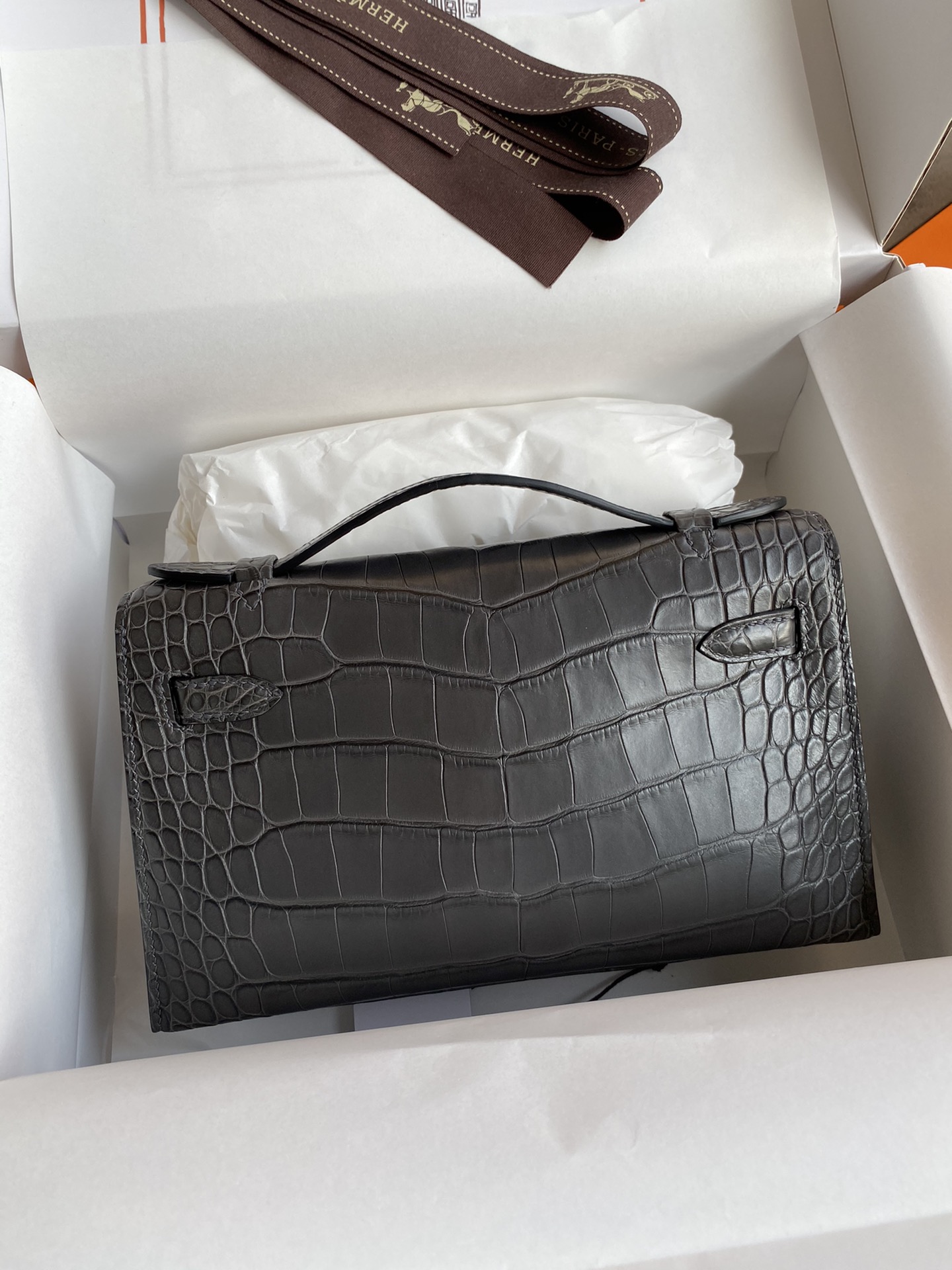 Hermes Mini Kelly Pochette 22cm Bag In Dark Grey Matte Alligator Leather